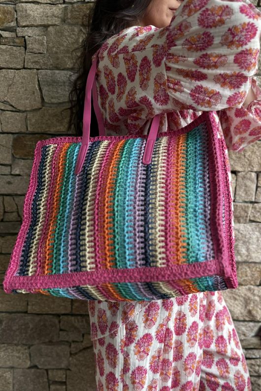 Kondi Rainbow Raffia Tote Bag Pink
